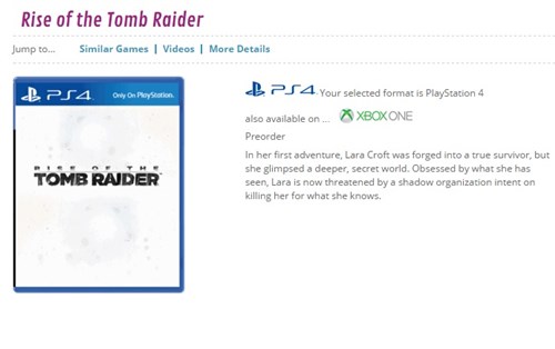 Rise of the Tomb Raider, PS4 için listelendi