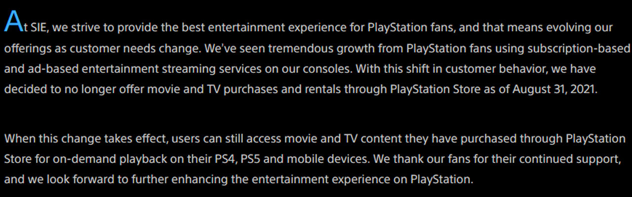 PlayStation Store'da artık TV ve film içeriği satılmayacak