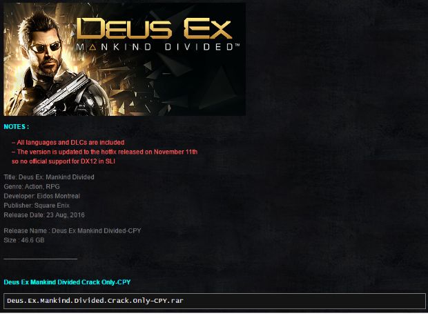 CPY Games bu sefer de Deus Ex: Mankind Divided oyununu kırdı