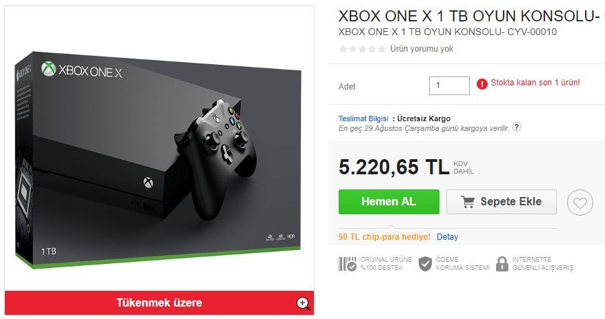 XBox One X'in fiyatı 5.220 TL ve tükenmek üzere