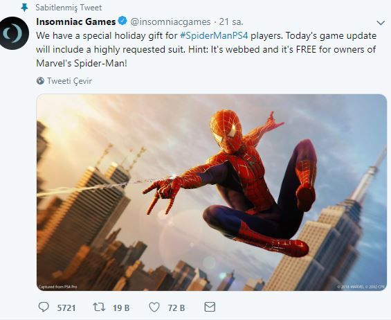 Insomniac'tan Marvel's Spider-Man sahiplerine yılbaşı hediyesi