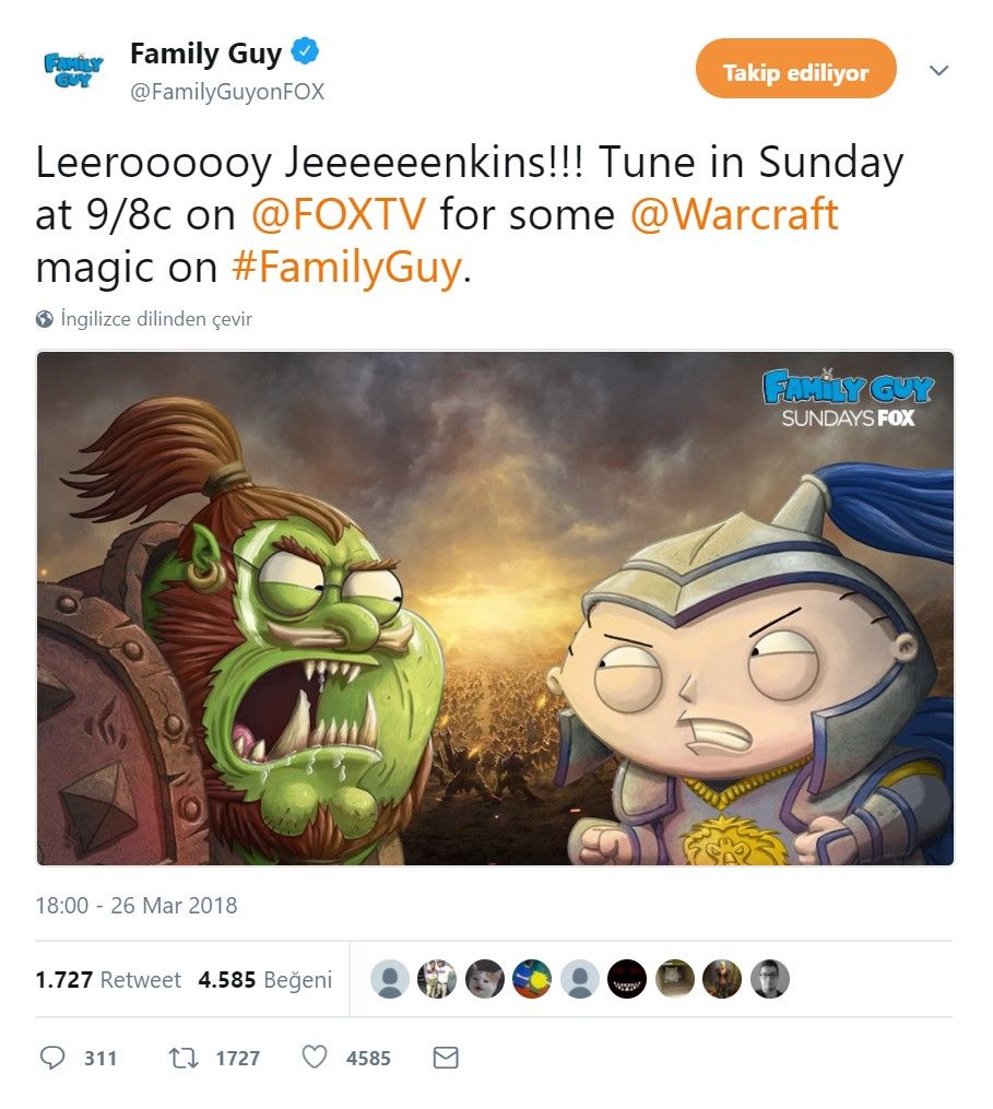 Family Guy'ın bu haftaki bölümü Warcraft evreninde geçecek