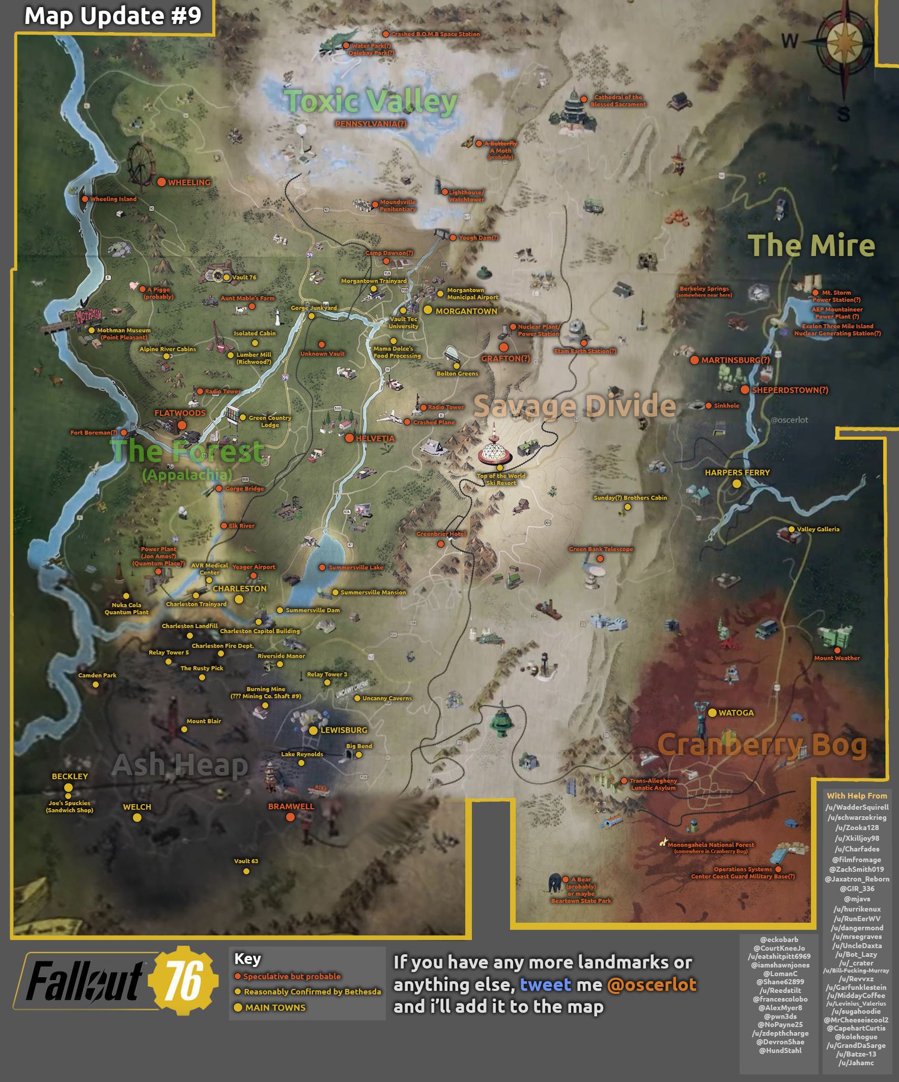 Fallout 76 haritasının bilinen tüm bölgeleri birleştirildi