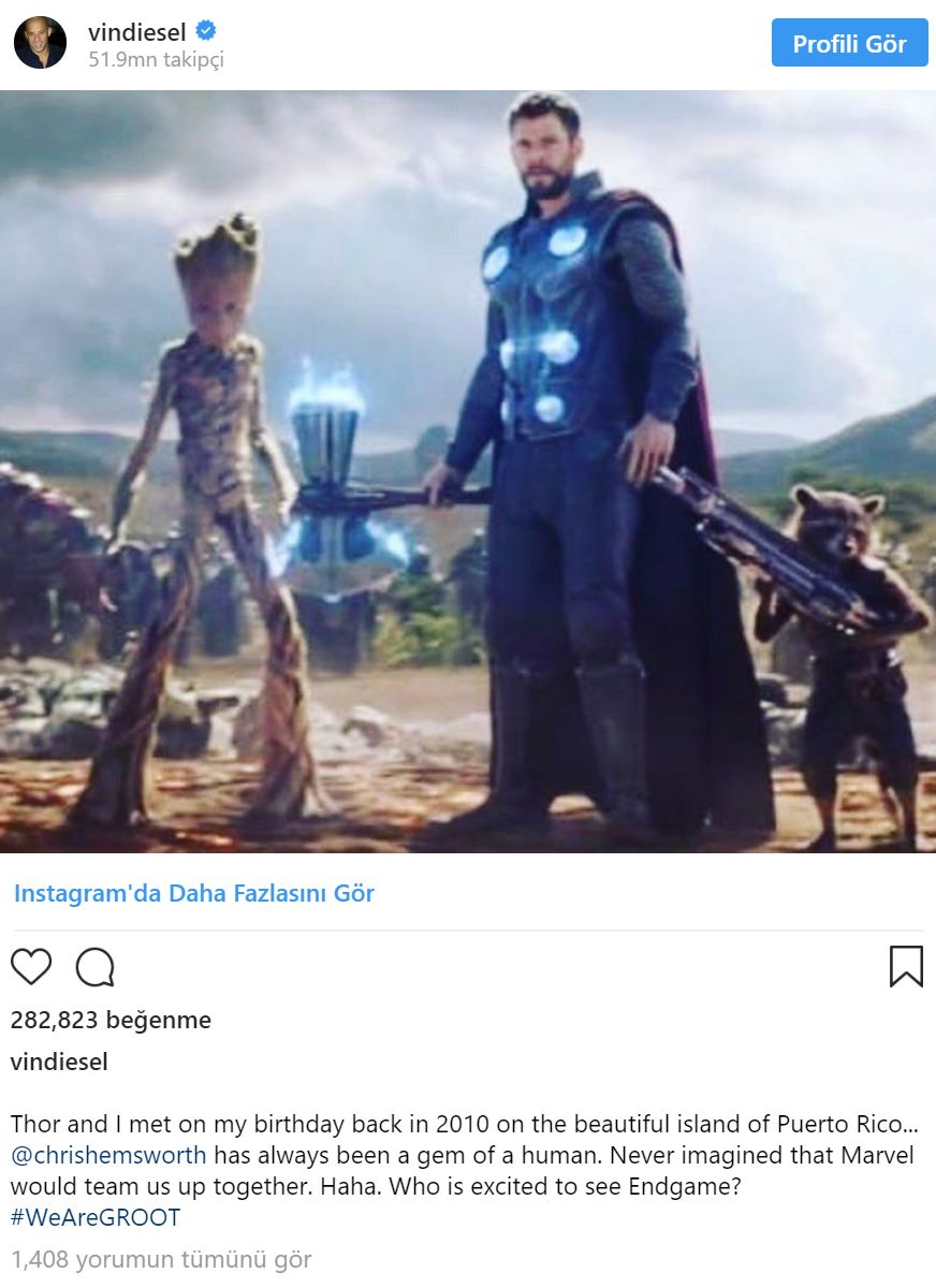 Ünlü oyuncu Vin Diesel'den Thor paylaşımı geldi