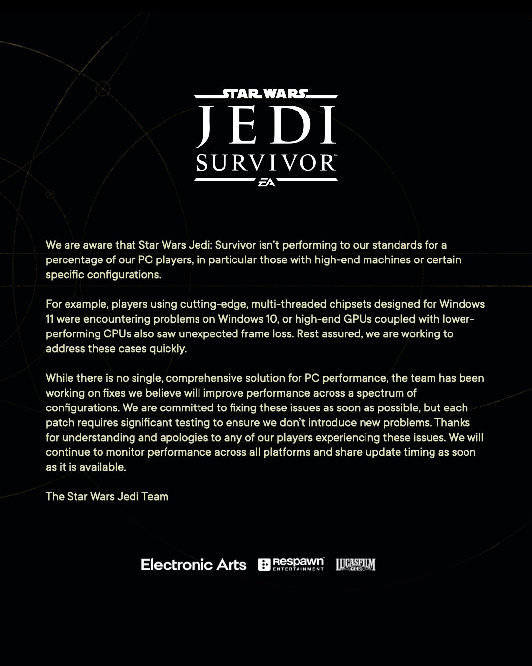 Star Wars Jedi: Survivor performans sorunlarından ötürü Respawn özür diledi