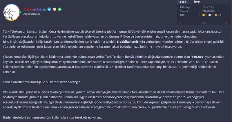 Mahkeme Tarafından r10.Net Erişimi Engellendi - 2