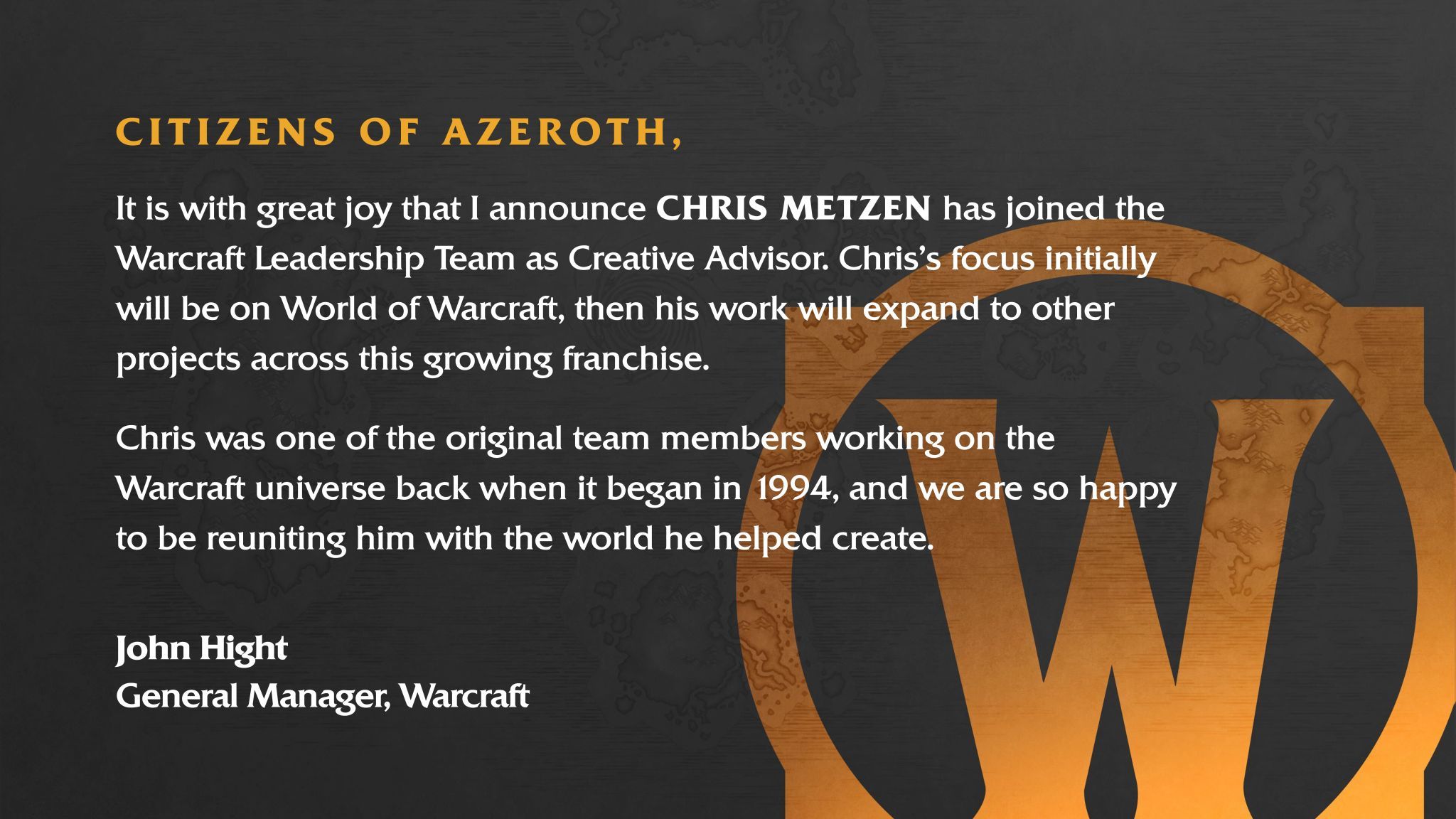Chris Metzen World of Warcraft'a geri döndü