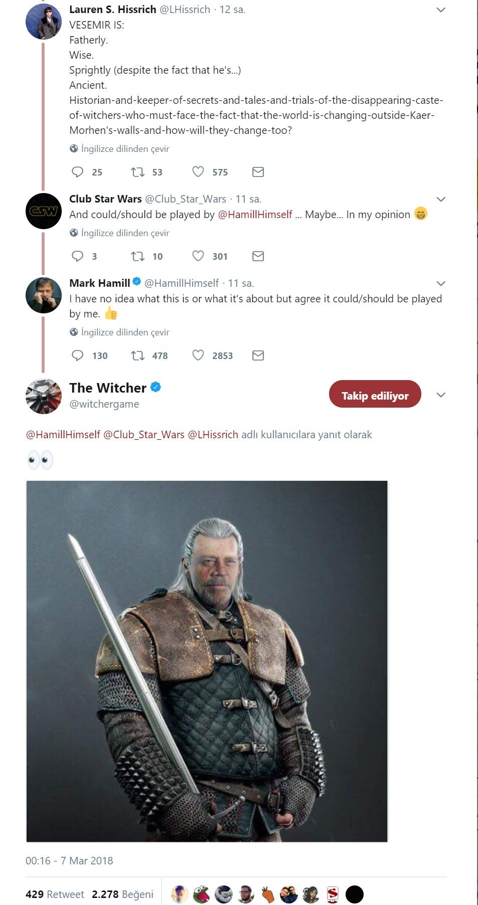 Mark Hamill  şimdi de gözünü The Witcher dizisine dikti