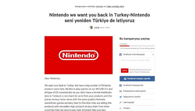 Nintendo'nun Türkiye'ye dönmesi için kampanya başlatıldı