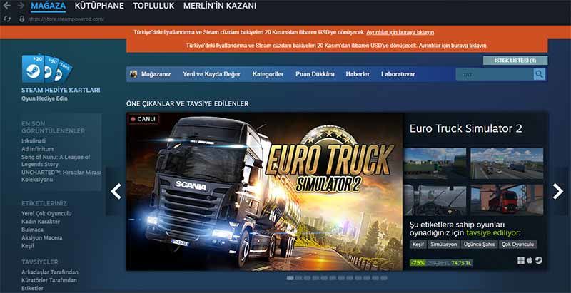 Steam, Bu Gece Türk Lirasından Amerikan Dolarına Geçiyor
