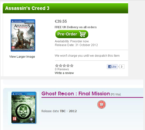 PS Vita için Assassin's Creed ve Ghost Recon