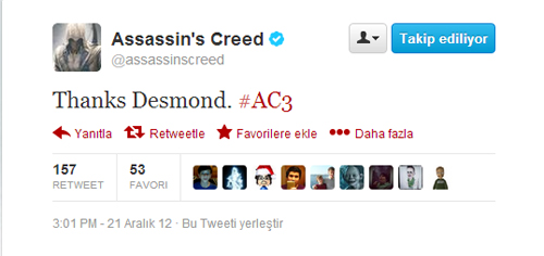 =SPOILER= Assassin's Creed 3'ten Desmond'a anlamlı bir Tweet =SPOILER=