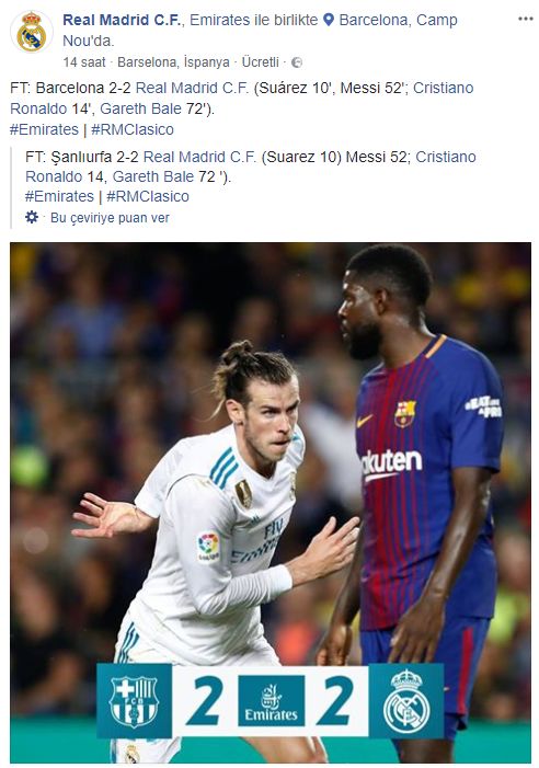 Facebook'a göre Real Madrid ve Şanlıurfa 2-2 beraber kaldı