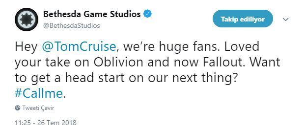 Bethesda Game Studios'tan ünlü aktör Tom Cruise'a anlamlı tweet