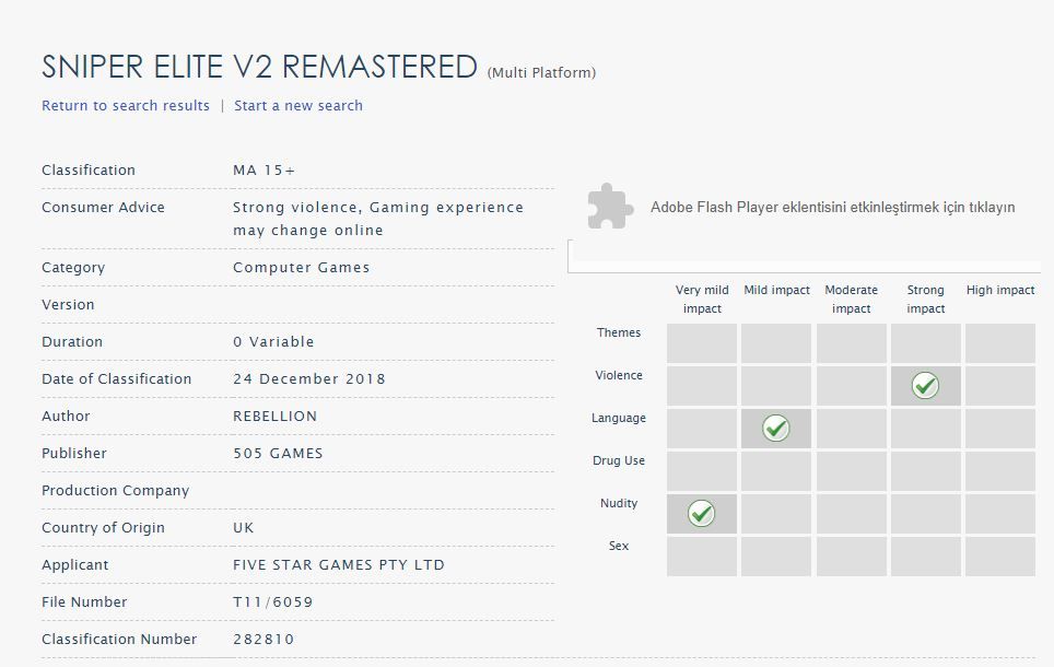 Derecelendirme kuruluşu, Sniper Elite V2 Remastered'ı listeledi