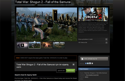 Shogun 2 - Fall of the Samurai, Steam'de ön siparişe açıldı