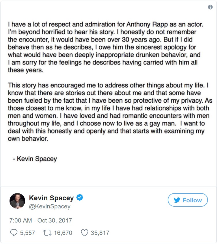 Kevin Spacey taciz iddialarına yanıt verdi